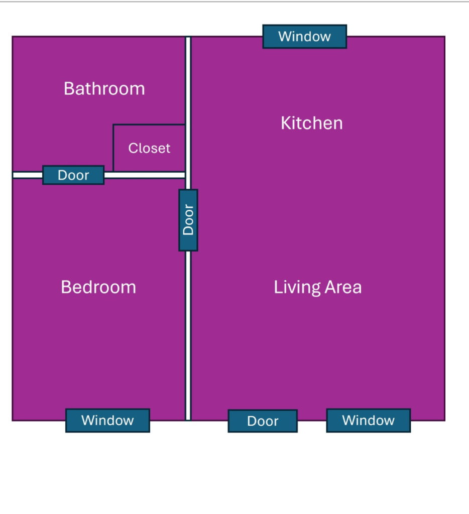 One-bedroom apartment floor plan at Claxton Manor in Tucson